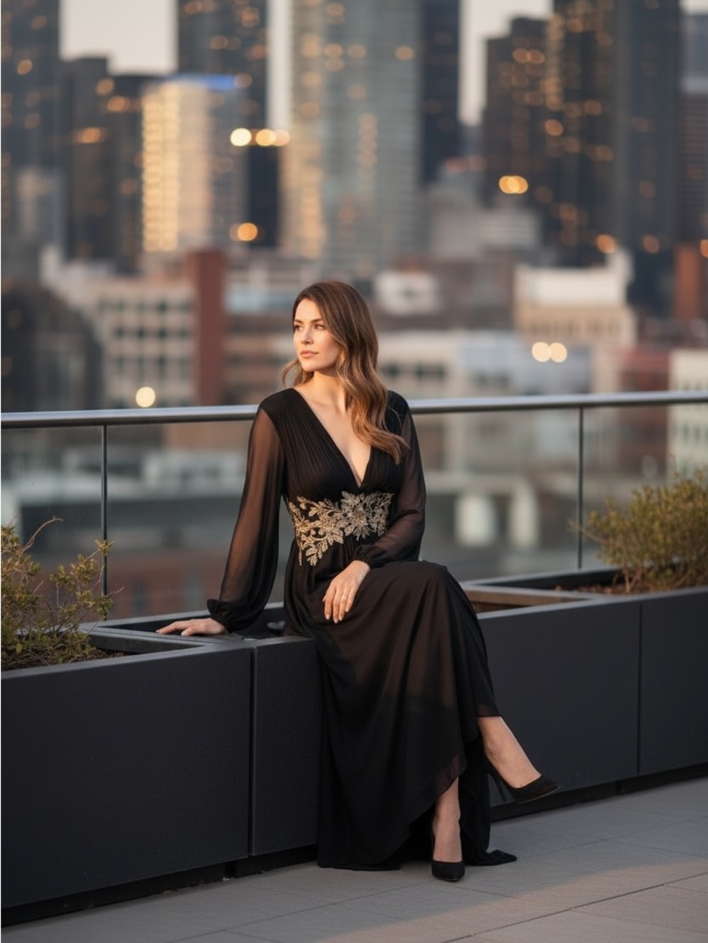Betsy & Adam Black Plunge-Neck Blouson-Sleeve Gown Sz 8 - Picture 5 of 9